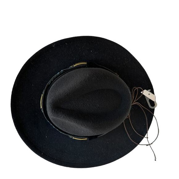 Black Felt Cowboy Hat Wide Flat Brim One Size Festival Hatband Cowgirl Vegan NEW - Picture 6 of 8